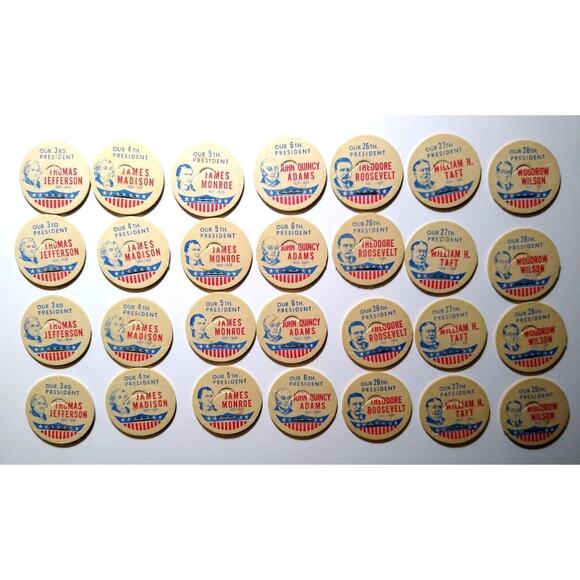Lot Of 28 Vintage US President Milk Bottle Caps 7 Different Patriotic Jefferson - Picture 1 of 7